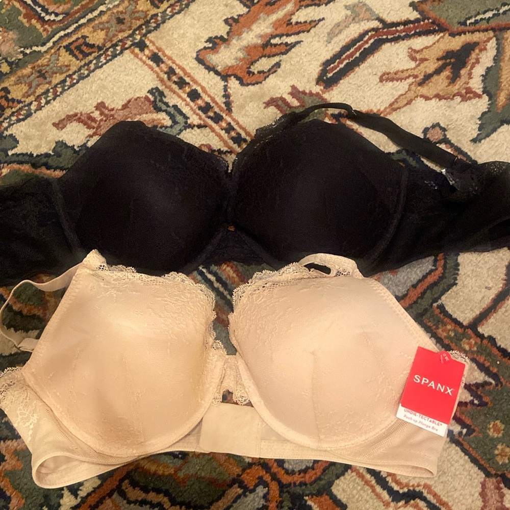 NWT 2! 38 D SPANX Undie-Tectable push up plunge lace bra’s 1 black 1 nude